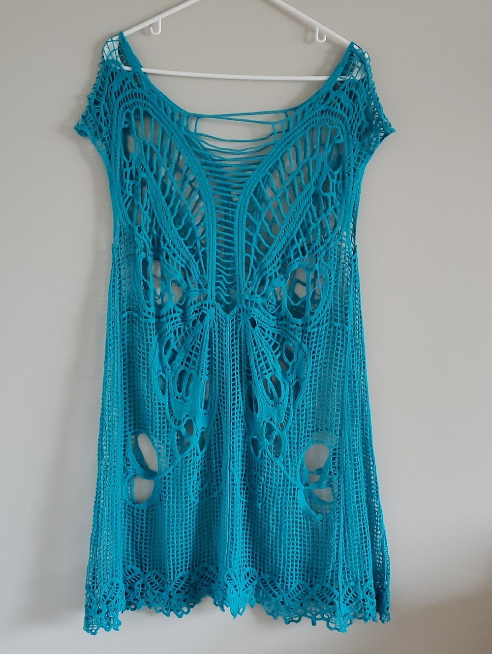 Turquoise Crochet Open Butterfly Pattern Relaxed Fit Swim Cover-Up Dress Sz M L